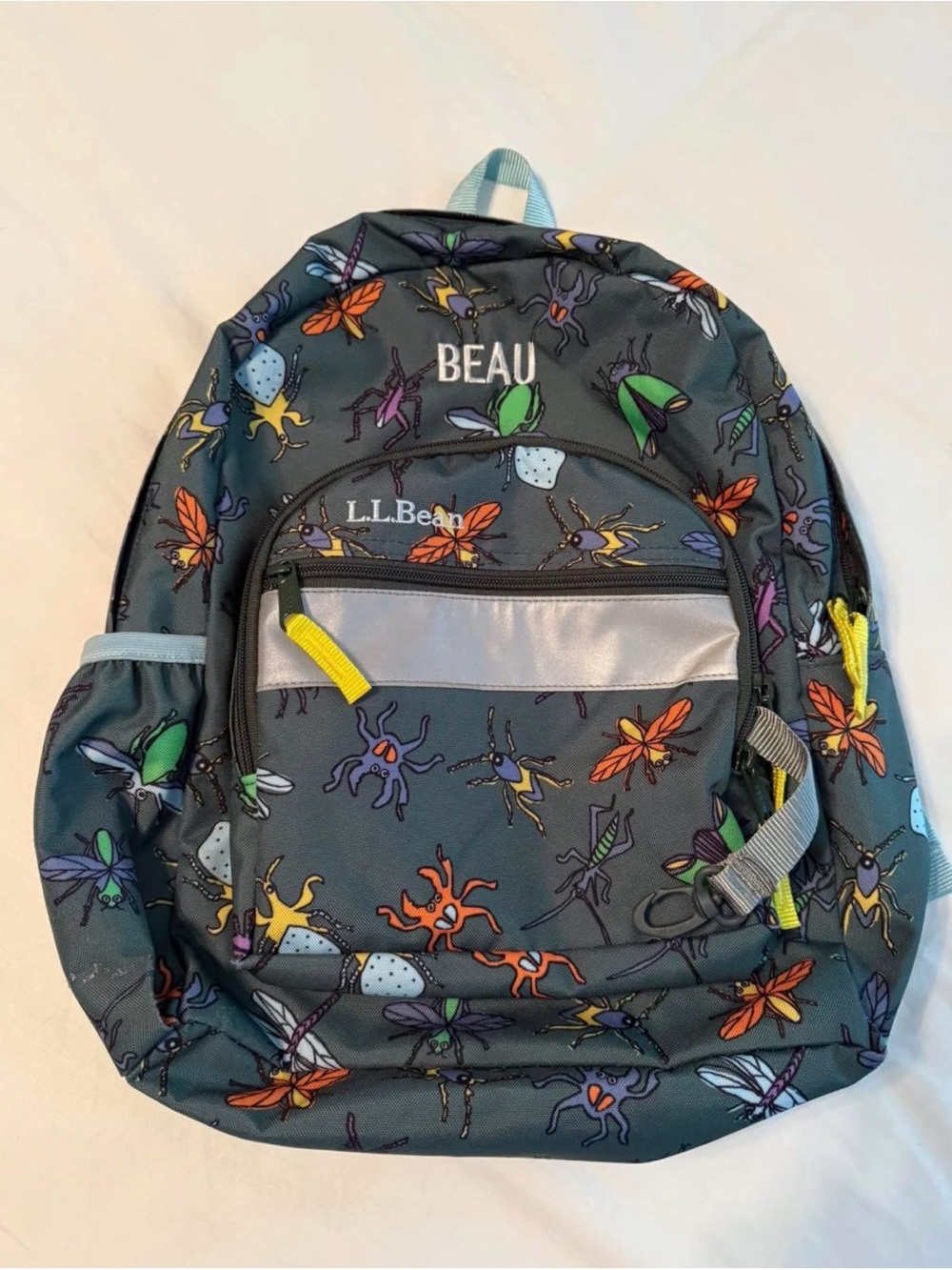 L.L. Bean Gray Kids' Backpack with Colorful Bug Print - Personalized "Beau"